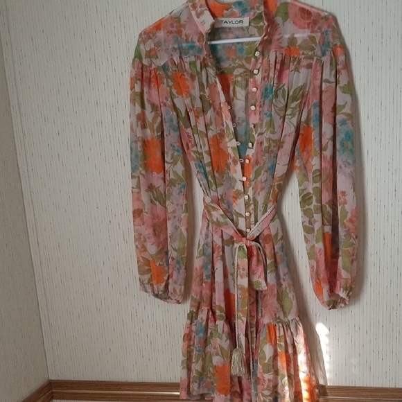 Taylor Dresses & Skirts - Taylor Pink and Orange Floral Long-Sleeve Button Dress with Tie Waist, Cottage C